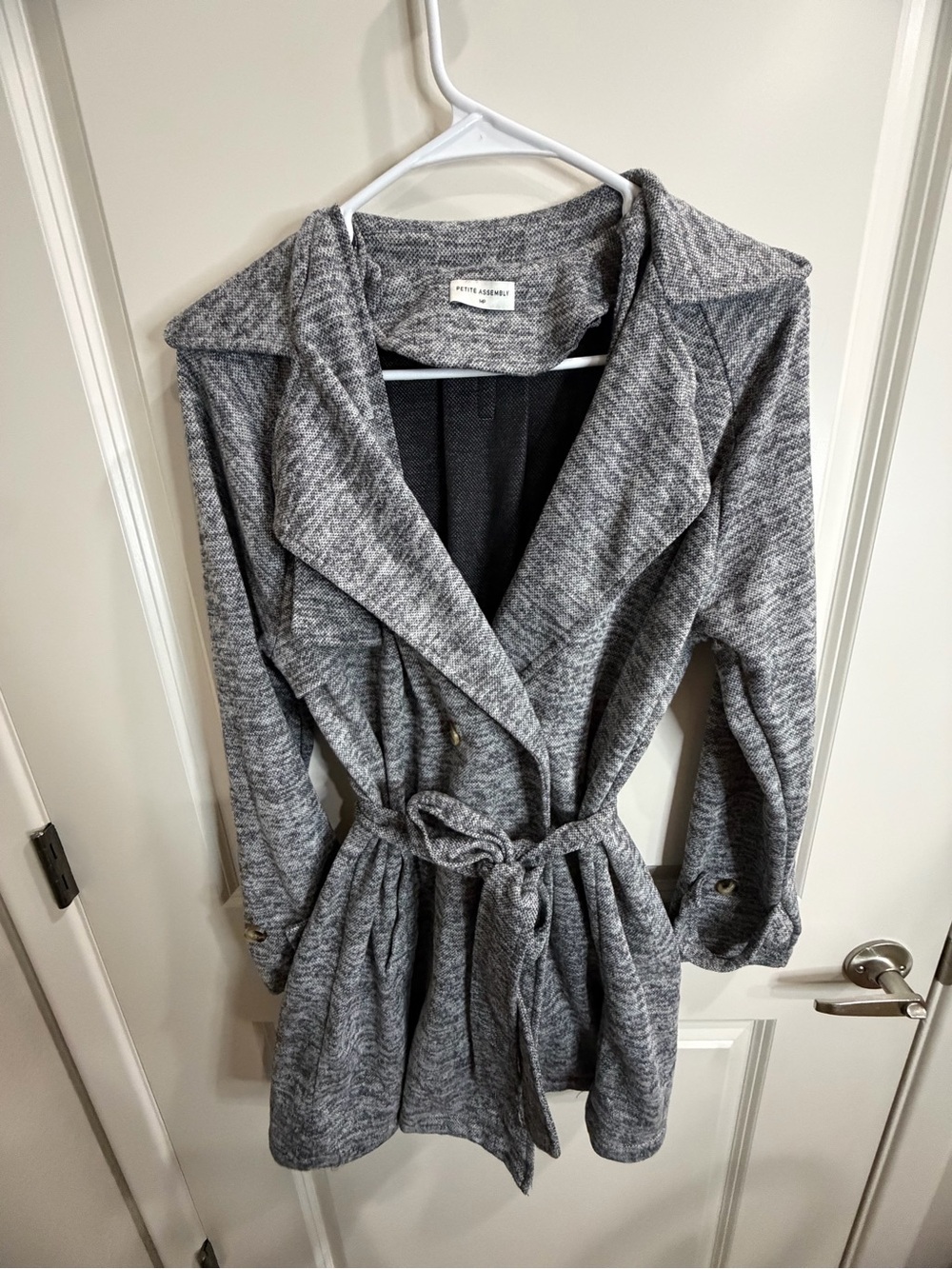 Petite Assembly Gray Marled Knit Belted Trench Coat Sweater Jacket Size MP